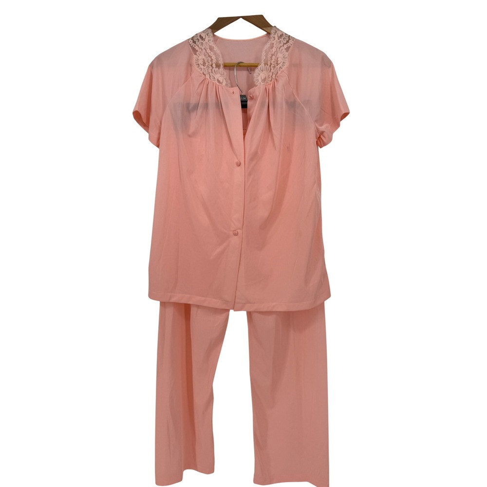 Vintage 70's Sans Souci Pajama Set Lace Trim Button Front Mid Century Coquette